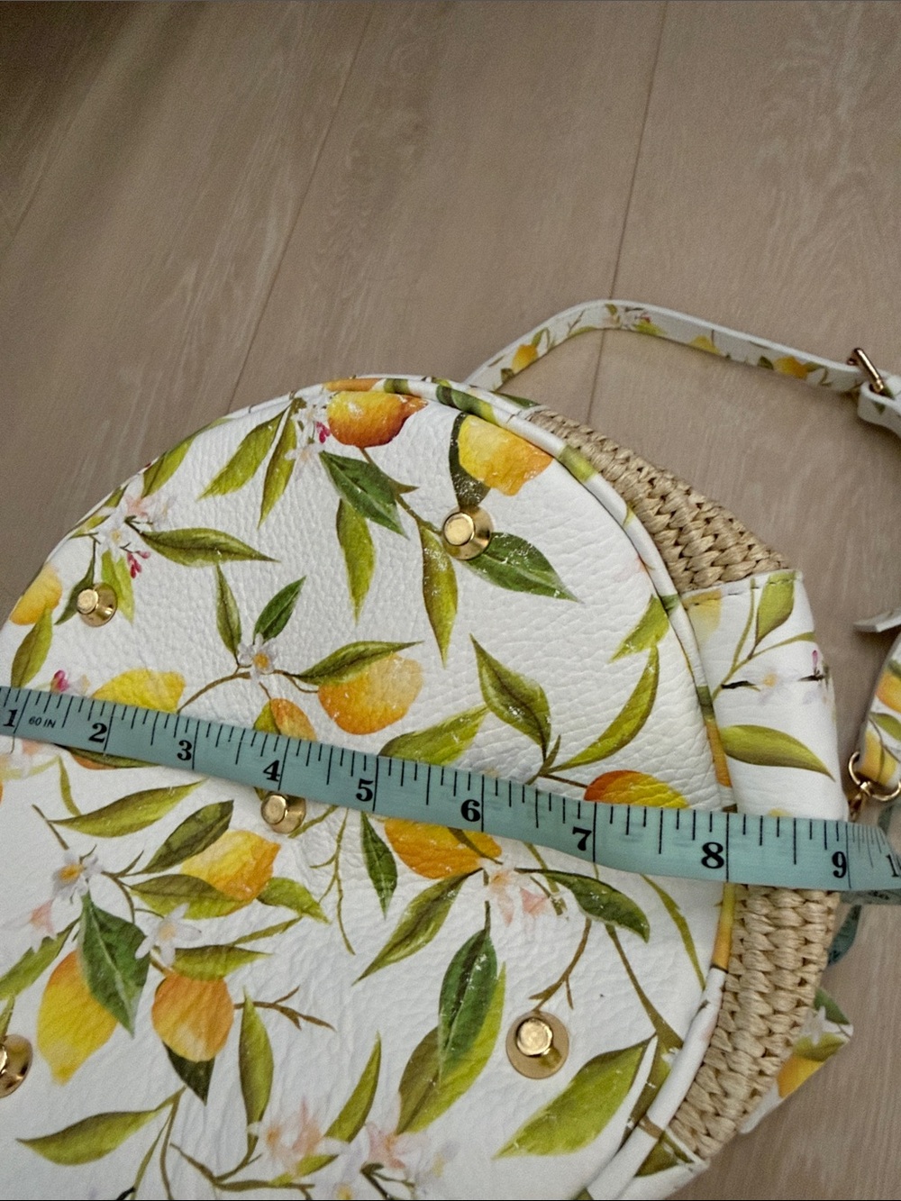 Valentina White Lemon-Print Bucket Shoulder Bag with Natural Straw Panels - Picture 8 of 16
